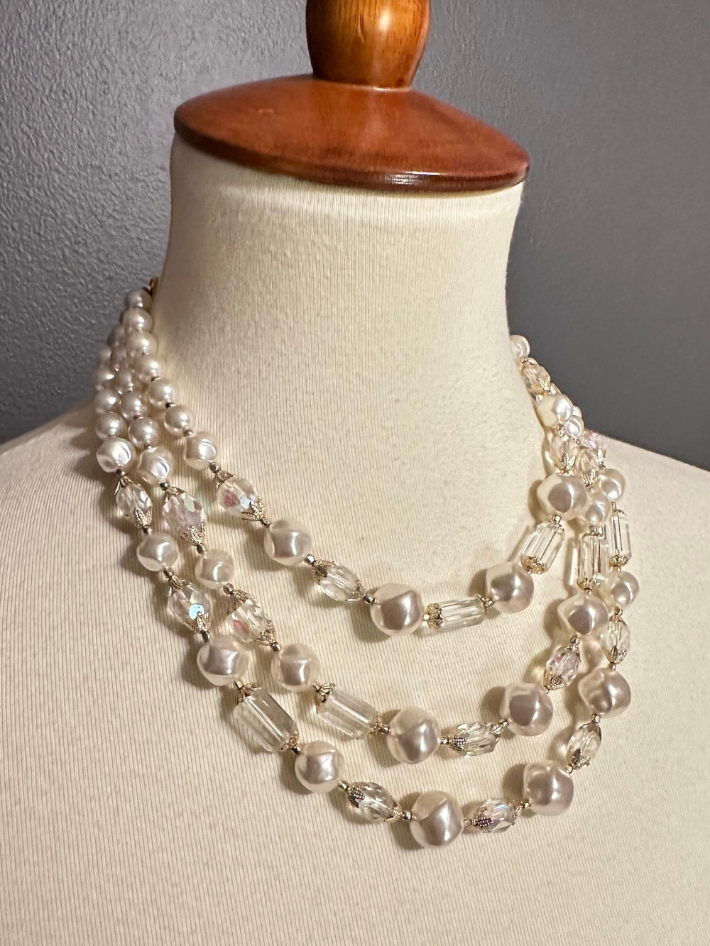 Vintage 1950s Japan Triple Strand Faux Pearl AB Glass Bead Necklace